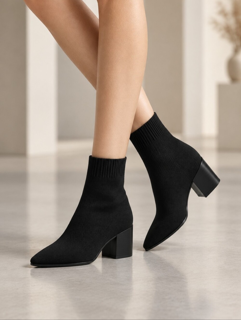 ASOS DESIGN Block Heeled Chelsea Pull-On Boot In Ribbed Cuff Black Knit Size 8